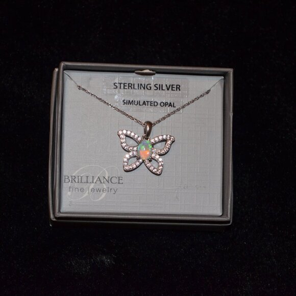 BRILLIANCE Fine Jewelry Sterling Silver Simulated Opal Butterfly Necklace Chain - Picture 1 of 3